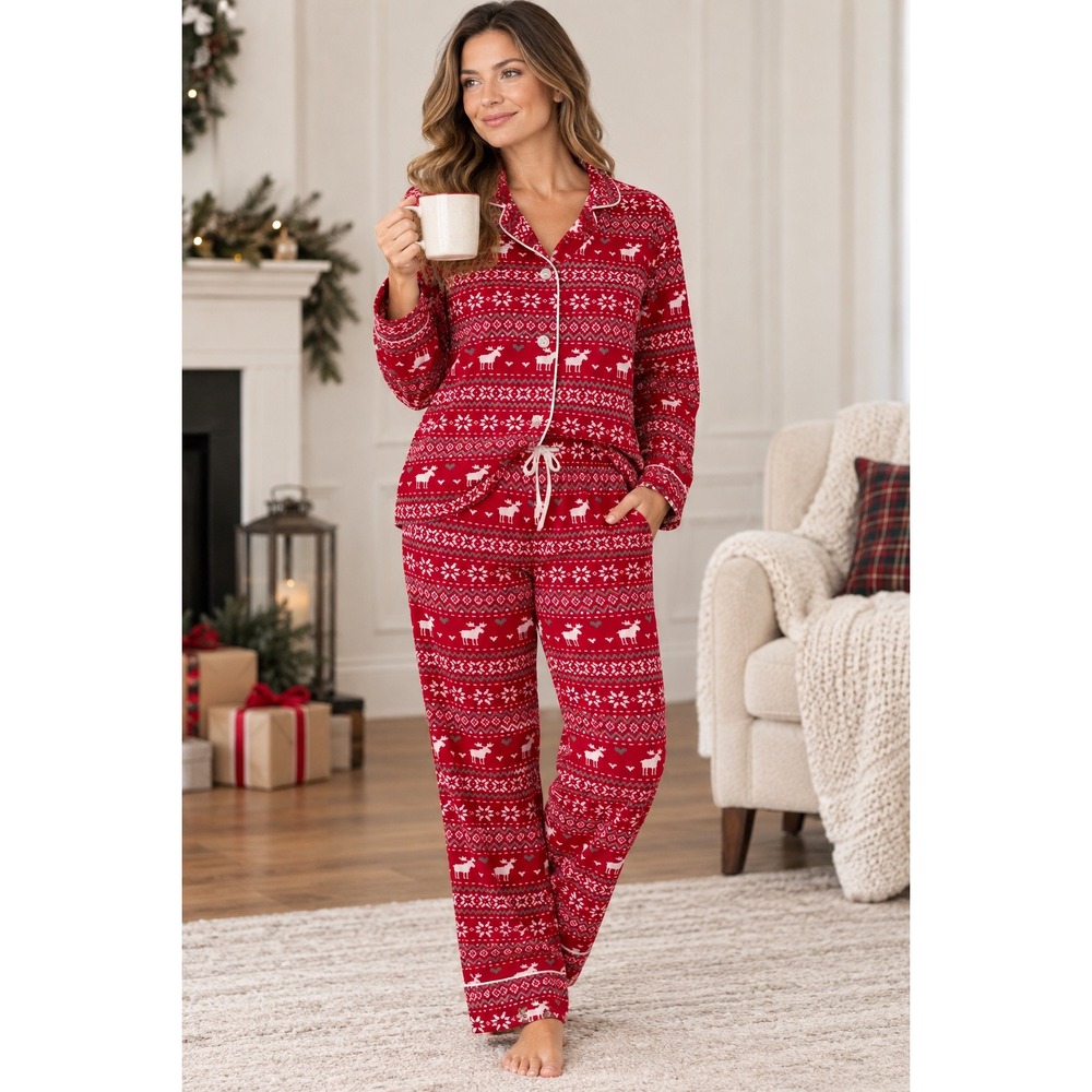 PJ Salvage Red Fair Isle Moose Flannel Pajama Set L/M Cottagecore Holiday Cozy